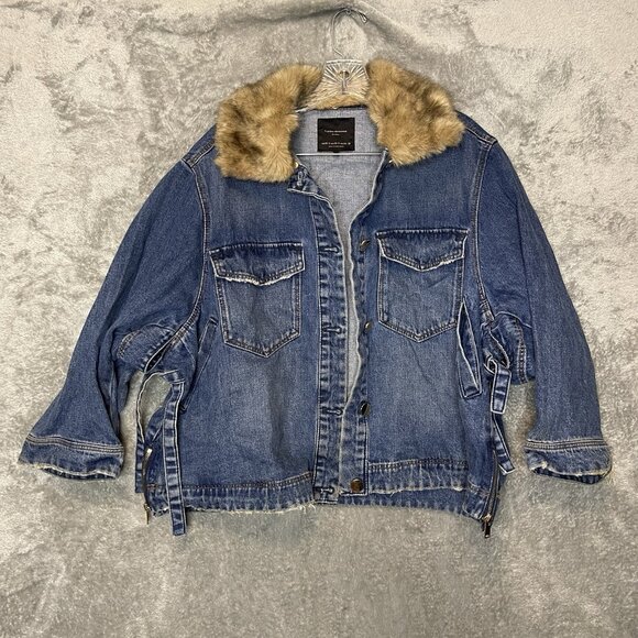 Zara Women Oversized Criss Cross Faux Fur Cropped Denim Trucker Jacket XS/S - Picture 1 of 13